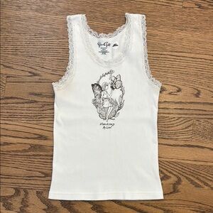 John Galt (Brandy Melville) White Graphic Tank Top with Lace Trim